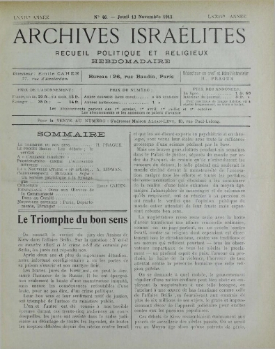 Archives israélites de France. Vol.74 N°46 (13 nov. 1913)